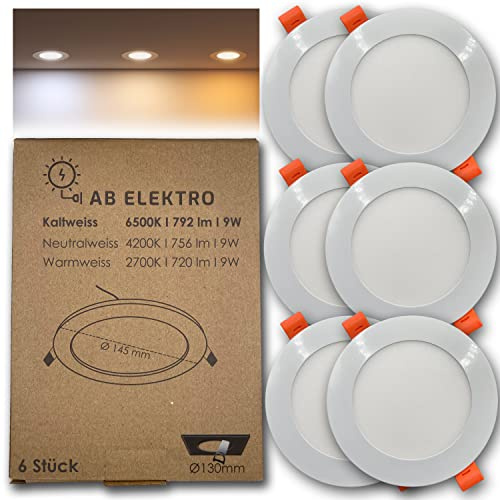AB Elektro LED Einbaustrahler Flach Rund 6er Set I 9W Spot 12V Kaltweiß I Panel Deckenleuchte I Einbauleuchte Set Mit Trafo