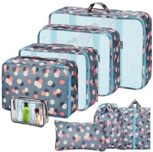 Sarsumir Organizador Maleta, 8 Piezas Organizador de Equipaje Packing Cubes Bolsas Organizadoras Viaje con Zapatos Impermeables Almacenamiento Artículos Tocador Bolsas Ropa, Flor Azul