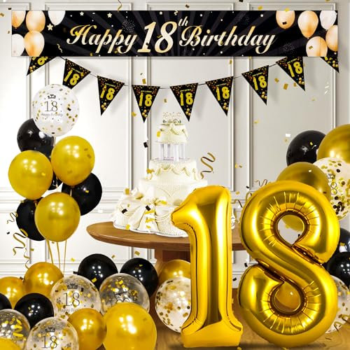 18 Geburtstag Deko, Schwarzes Gold 18. Geburtstags Dekoration Mädchen Junge,18. Happy Birthday Banner,Zahl Luftballons 18,Schwarzes Gold Konfetti Luftballons,Feuerwerk Dreieckiges Flaggenbanner