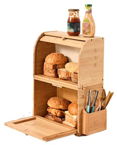 LIOONS Hochwertiger Brotkasten aus natürlichem Bambus, doppelschichtig mit Brothalter aus Silberbesteck, zur Aufbewahrung von Brot