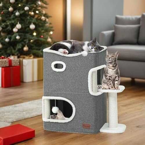 YITAHOME Casa Gatos Interior, Cama Gato, Cama para Gatos, Casa para Gatos con Rascador & Pelota & Hamaca Superior, Casita para Gatos, Caseta para Gatos, Castillo Gatos, 58 * 35 * 63cm (Gris)