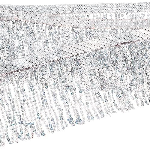 GOMAKERER 9,1 m Pailletten-Fransenbesatz, silberfarbene Pailletten, Spitzenquaste, Nähen, Fransenbesatz, Kleidungszubehör für DIY, Latein-Tanz, Bühne, Kostüm, Kleidung, Kleid, Dekor