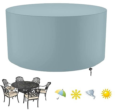 Funda para Mesa de Jardin, Cubierta Redonda para Muebles de Jardín, Funda Protectora Muebles Resistente al Polvo para Sofa de Jardin, Protección Contra los Rayos UV y la Nieve(Φ220×H90cm)-Gris