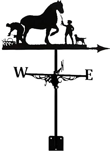 Wetterfahne, mit Dachhalterung, Wetterhahn, Windrichtungsanzeiger, Retro-Stil, Edelstahl, Heimdekoration, Geschenk, kreative Mustang-Farm-Szene, Baumeister, Mann und Hund, Angelszene, Form,