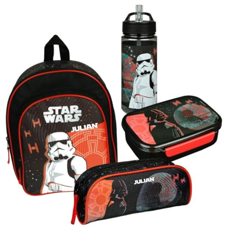 Kindergartenrucksack Star Wars Jungen mit Brotzeitdose Trinkflasche Schlampermäppchen - Personalisiert mit Name - Set Kinderrucksack Brotdose Trinkbecher Federmappe