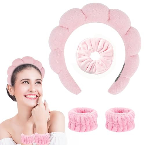 Youery Stirnbänder Schwamm Stirnband Armband Sets zum Waschen von Gesicht Make-up Stirnbänder für Frauen Mädchen Hautpflege Entfernung Spa Yoga Dusche Kopfband Frottee Handtuch Stoff Haarband (Rosa)