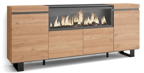 Skraut Home | Sideboard, Highboard | Kommode, Komodenschrank | 210 | 4 Türen | Elektrokamin XXL | Industriedesign | Moderner Stil | Eiche