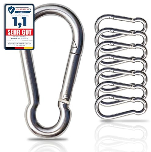 PinPro A4 Edelstahl Karabiner | 50x5mm - 2 Stück | 390 kg Bruchlast | Rostfreier NIRO AISI 316 Feuerwehrkarabiner mit Blattfeder