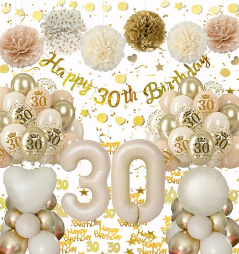 30th Birthday Decorations for Women, Retro Beige Gold Balloons, Happy 30th Birthday Banner, Paper Pom Poms, 30 Confetti Number 30 Balloons for Party Decoration for Her
