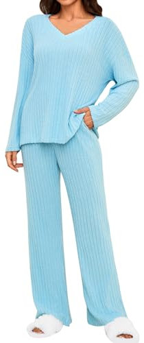 Tuopuda Pigiama Donna Manica Lunga Tuta Completo Elegante Pigiami Due Pezzi Loungewear Pullover e Pantaloni da Casa Autunnale Invernale Primavera Indumenti da Notte Sleepwear, Blu, S