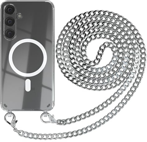 EAZY CASE - Handykette kompatibel mit Samsung Galaxy S24 Plus Kette zum Umhängen Stoßfest Handyhülle für Galaxy S24 Plus Silikon Hülle mit Band aus Metall Handytasche Transparent Fallschutz in Silber