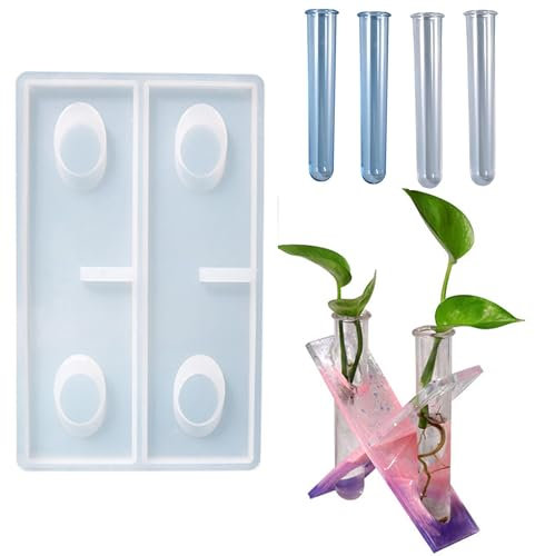 DHER Reagenzglas Vase Silikonform hydrokultur pflanzen silikonform Epoxidharz Formen Moulds DIY hydroponischen Reagenzglas Vase Silikonform mit 4 Stück Reagenzgläser Blumenvase Silikonform (A)