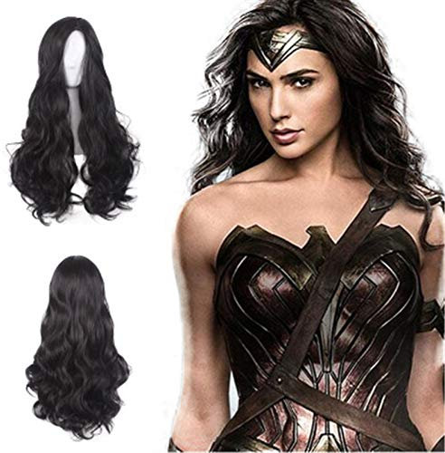 LINLINCD Cosplay wig Prinzessin Diana Wonder Woman Cosplay Perücke Schwarz Langes lockiges Kunsthaar Halloween Kostüm Party Perücken+Perückenkappe Kuyn0547