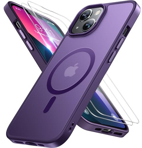 Miracase Magnetisch für iPhone 13 Hülle für Magsafe[mit 2 Schutzglas] Militärschutz Stoßfest Kratzfest Anti-Fingerabdruck Samtige Haptik Dünn Handyhülle für iPhone 13 6,1 Zoll, Matt-Dunkelviolett