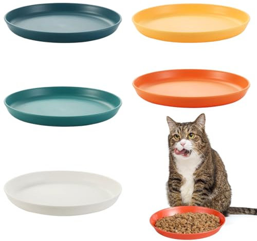 Lot de 5 gamelles Plates pour Chat,en Plastique coloré Rondes pour la Nourriture et l'eau,gamelles Plates Peu Profondes pour Chat,pour Nourriture sèche et Humide