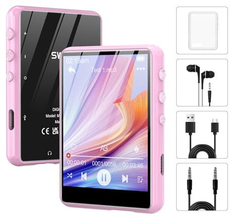 SWOFY 64GB MP3 Player, HiFi MP3 Player Bluetooth 5.3 Lautsprecher Integriert, 2.4 Touchscreen Tragbarer, Mini MP3 Player Kinder mit FM Radio, Voice Recorder, Unterstützt 128 GB (Rosa)