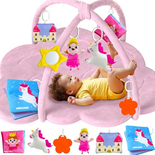 QUOKKA Baby Spielmatte - 100x88 cm Spielbogen Einhorn-Thema - Spieldecke mit 6 Großen Sensorischen Spielzeugen - Maschinenwaschbar - Baby Matte Faltbar - Kinderzimmer Spielteppich Play Mat