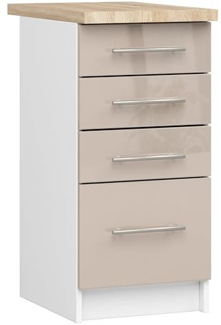AKORD | Küchenschrank mit Arbeitsplatte - Oliwia S40 | Küchenunterschrank mit 4 Schubladen | Unterschrank Küche 40 cm Breit | ABS-Kante 18 mm | 46 x 40 x 85 cm | Weiß & Cappuccino Glanz