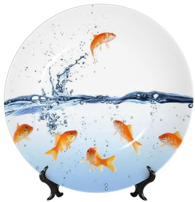 ESNAIUVCD Dekorativer Teller aus Knochenporzellan, Motiv: Fisch im Wasser, bedruckt, rund, mit Präsentationsständer