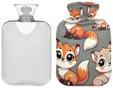 Cute Fox Wärmflasche mit Bezug, Wärmbeutel zur Linderung von Menstruationskrämpfen, Hand- und Fußwärmer, 1 l, Grau