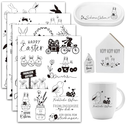 BOOMTOP 4 Rub On Sticker Ostern Transferaufkleber Selbstklebend Frohe Ostern Sticker Ostereier Osterhasen Aufkleber Rub On Folie Frühling Ostergrüße Rub Ons Sprüche für Glas Holz Möbel Keramik