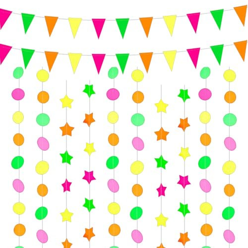 Werownsgso 4 Stück Neon Papiergirlande, Punkte Stern Dreieck Flags Schwarzlicht Deko, Hängende Papier Girlande Glow in The UV für Neon Party Geburtstag Hochzeit