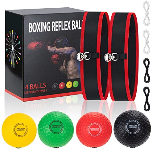 Jesustree Familial de Balles Reflex de Boxe Set avec 4 React Reflex Ball und 2 élastiques Bandeaux pour la réaction, l'agilité, la Précision et la Coordination Yeux Mains Entrainement