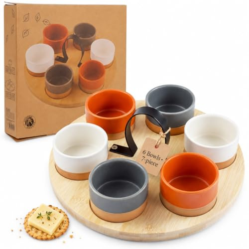 MIJOMA 7-teiliges Servierset – Rundes Bambusholzbrett mit 6 Keramikschalen – Ideal für Tapas, Dips, Käse & Snacks – Moderne Tischdekoration