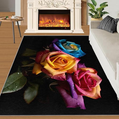 SANSJI Küchenläufer mit bunten Rosen, 3D-Regenbogen-Teppich, rutschfest, waschbar, schmutzabweisend, für Mädchen, Paare, Liebhaber, 228 x 350 cm, Rosenmuster, für Schlafzimmer, Nachttisch
