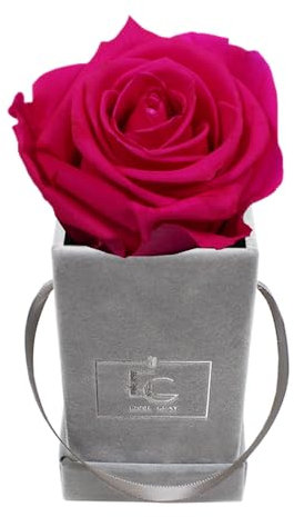 Emmie Gray Classic Infinity ROSENBOX | Velvet Gray | Eckige Flowerbox - Infinity Rosen in Grauer Samtbox - 1-3 Jahre Haltbarkeit - Echte Rosen, die jahrelang blühen (Hot Pink)
