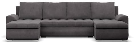 Mebligo - Ecksofa mit Schlaffunktion und 3 Bettkasten FORESTA 302x89x159 (BxHxT) Cord - Dunkelgrau - Couch U Form, Sofa im Sitz: Wellenfeder + Schaumstoff, Sofas & Couches, Eckcouch