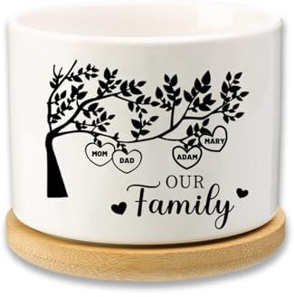 Dacomfy Personalisierter Keramik-Blumentopf mit Lebensbaum, Einzigartiges Muttertagsgeschenk für Mama, Sukkulenten-Pflanzgefäß für Drinnen und Draußen