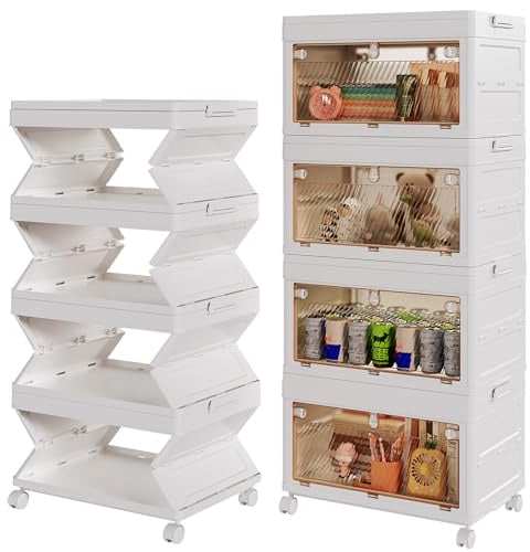 BTGGG 60L*4 Tier Aufbewahrungsboxen mit Deckel, Integrierte Faltbare Aufbewahrungsboxen Kunststoff-Aufbewahrungsbox mit Rollen, Organizer Boxen Kisten Aufbewahrung mit Tür, Einteilige Design