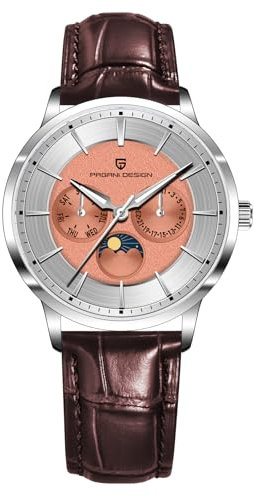 Pagani Design Mode Minimalistisch Quarz Analog 40mm Edelstahl Datum Kalender Wasserdicht Leuchtend Herrenarmbanduhr Leder/Edelstahlarmband(Leder Orange 1)