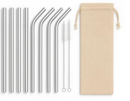 Reusable, Eco-Friendly Stainless Steel Straw Set – 8-Piece Wide Metal Straws for 40oz Tumbler – 10mm Diameter | 4 Straight + 4 Bent Straws, 2 Brushes & Pouch – Silver