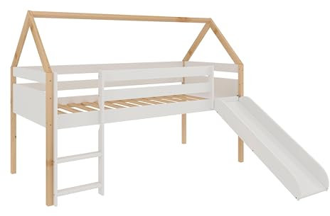 Buyqualia - Cama Infantil Estilo casita con Tobogán y Escalera - Madera Maciza - 45x195x97 cm (Blanco y Madera)