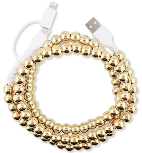 MyfavoriteK Cute Beaded Phone Charger Metallic Colors USB Cable iPhone 2-in-1 USB-C and iPhone Charging Cable Colorful 3.3ft Cord for Smartphones (Gold)