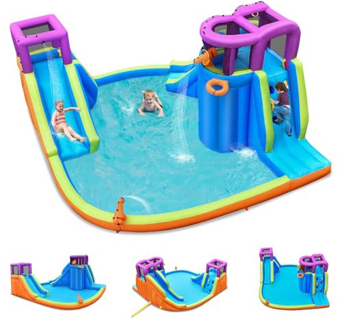 GOPLUS Château Gonflable Exterieur Enfant avec Double Toboggan, Pistolet à Eau, Mur d'escalade, Panier de Basket, Balle, avec Piscine d'Éclaboussures pour Enfants (Violet sans Souffleur)