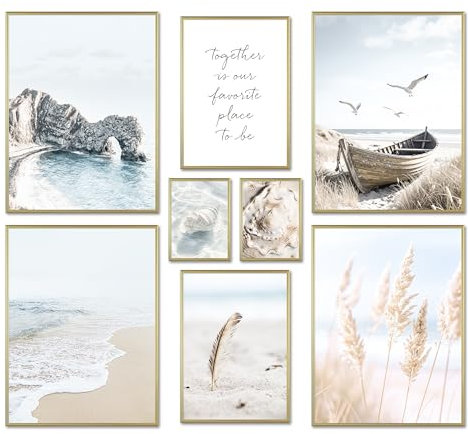 ARTFAVES® Poster Set - North Sea Magic - mehrteilige Wanddeko Wohnzimmer & Schlafzimmer - 8 moderne Wandbilder nordsee, strand, maritim, küste, sommer, blau, hellblau, meer - mit Rahmen Gold