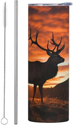 LKWSCGHM Red Deer Bull Elk Sunset Tumbler with Lids and Straw, 20 oz Double Wall Vacuum Water Bottle Stainless Steel Insulated Coffee Mug Leakproof Travel Thermal Cup for Hot and Cold Drinks