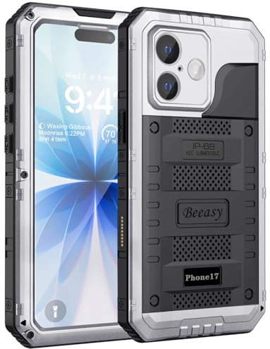 Beeasy for iPhone 17 Case Waterproof Heavy Duty Metal Armour Cover Shockproof Dustproof Built-in Screen Protector, Robust Full Body Protective Military Rugged Case for iPhone 17, Silver