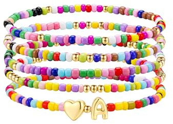 TINGN 5 Stück Bunte Perlen Armband Damen Mädchen Handgefertigt Perlen Armband mit Buchstaben Boho Herz Armbänder Stapelbare Armbänder Set Personalisierte Geschenke für Frauen Teenager Mädchen Schmuck
