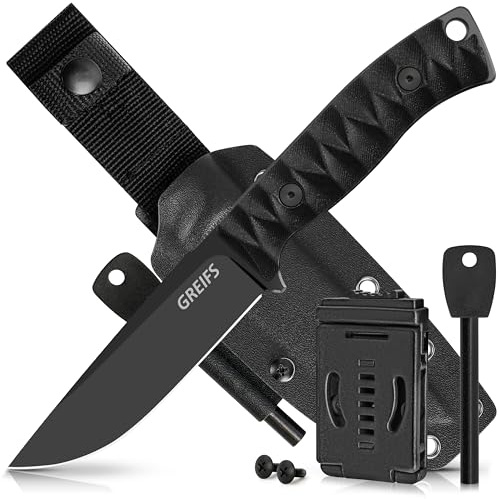 GREIFS® Outdoor-Messer aus D2 Stahl mit Kydex Holster und Feuerstahl, edles Survival Messer für die Bushcraft Ausrüstung, Jagdmesser, Schnitzmesser, Fahrtenmesser (Ranger/Schwarz)