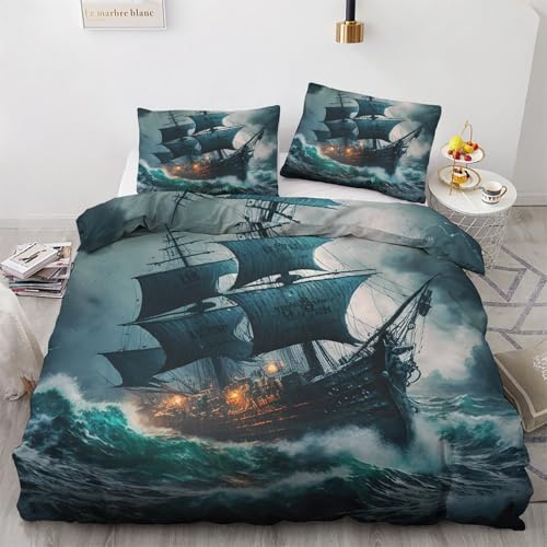 Generisch Piratenschiff Bettwäsche 135x200cm, Wellen Navigation Gotisch Bettwäsche-Sets 2 Teilig, Bettbezug + 1 Kissenbezüge 80x80cm Weich Mikrofaser mit Reißverschluss 21D&-3