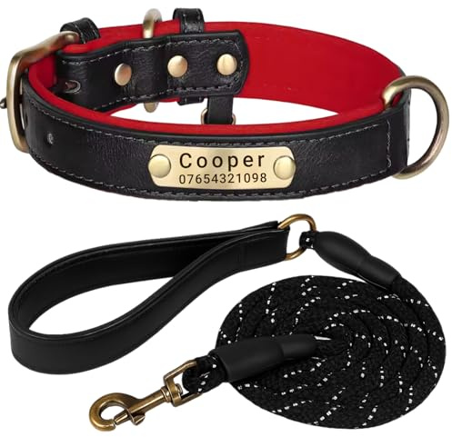 SEOUGEE Hundehalsband aus echtem Leder, personalisierbar und Leine, weich gepolstert, strapazierfähig, mit individuellem Namensschild für kleine, mittelgroße und große Hunde (S, Schwarz, Set 23–32 cm)
