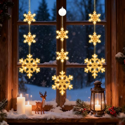 IWTBNOA LED Weihnachtsbeleuchtung Fenster, 3 Stück Weihnachten Fensterdeko mit Saugnäpfe, LED Schneeflocken Weihnachtsbeleuchtung für Weihnachtsdeko, Zimmer, Balkon, Party, Innen, Außen