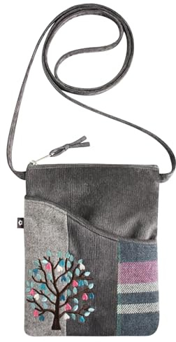 Earth Squared Small Sling Crossbody Appliqué Phone Bag – Choice of Designs: Owl, Sheep, Cat, Dog, Tree, Highland Cow – Wool Blend with Zip Closure & Front Pocket – 19 x 15 cm (Tree)
