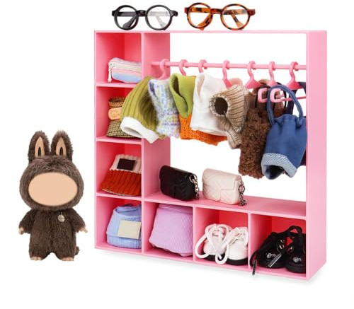 Doll Clothes Hanger & Rack Set, Dolls Furniture with 10 Pieces Hangers for 18 In Dolls, Wardrobe Clothing Organizer, Clothes Storage Closet Furniture, for Fashion Doll Cloth & Accessories (Pink)