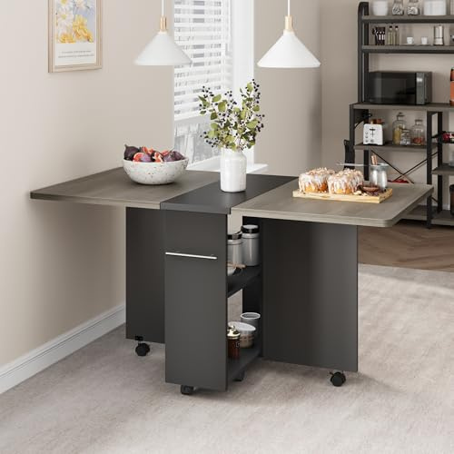 Thaookte Klappbarer Esstisch, Mobiler Klapptisch Mit Rollen Und 2 Ablagen Für 4-6 Personen, Klapptisch Esszimmertisch Für Kleine Räume, Küche, Esszimmer, 120 x 60 x 75 cm, Grau
