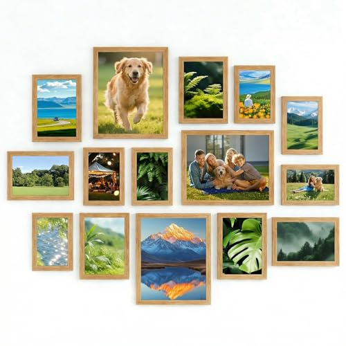 15 PCS Mulit Photo Frame Set, Collage Gallery Photo Frame Set Multi Sizes Including 4x6 5x7 8x10 for Wall and Tabletop Display, Wooden Picture Frame Set for Home Office Living Room Décor
